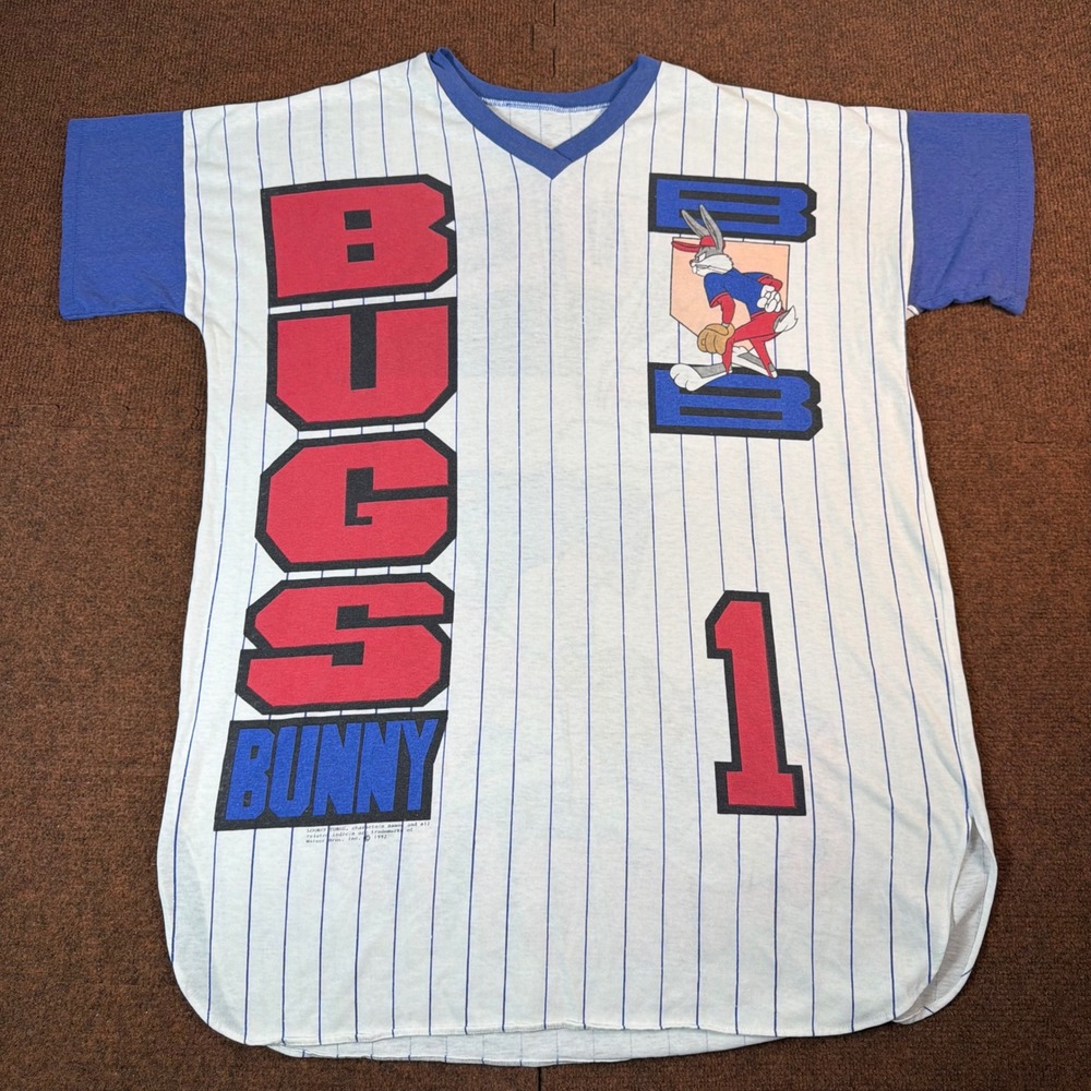 A= Vintage 1992 Bugs Bunny Looney Tunes Baseball Beach Shirt Womens XL 90s Top